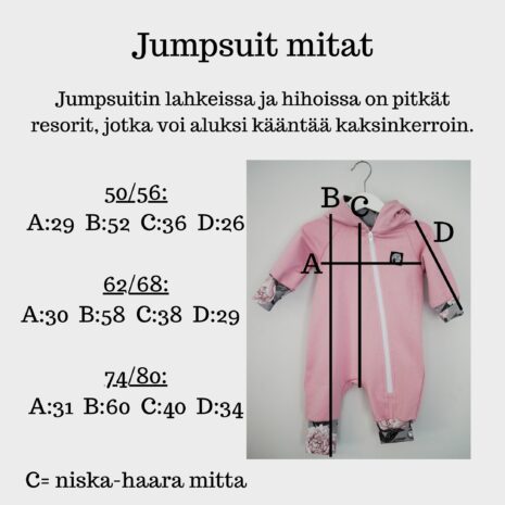Vauvan jumpsuitin mitat. Jumpsuittia saa koossa 50/56-74/80.